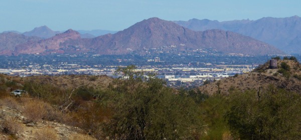 entire view of mountain range that resembles shape of camel laying down. Echo Canyon hiking trail on Camelback Mountain in Scottsdale, Arizona